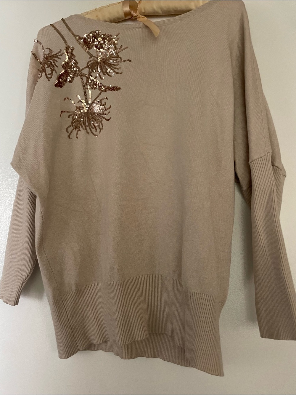 Alfani Taupe Crewneck Sweater with Sequin Floral Detail
